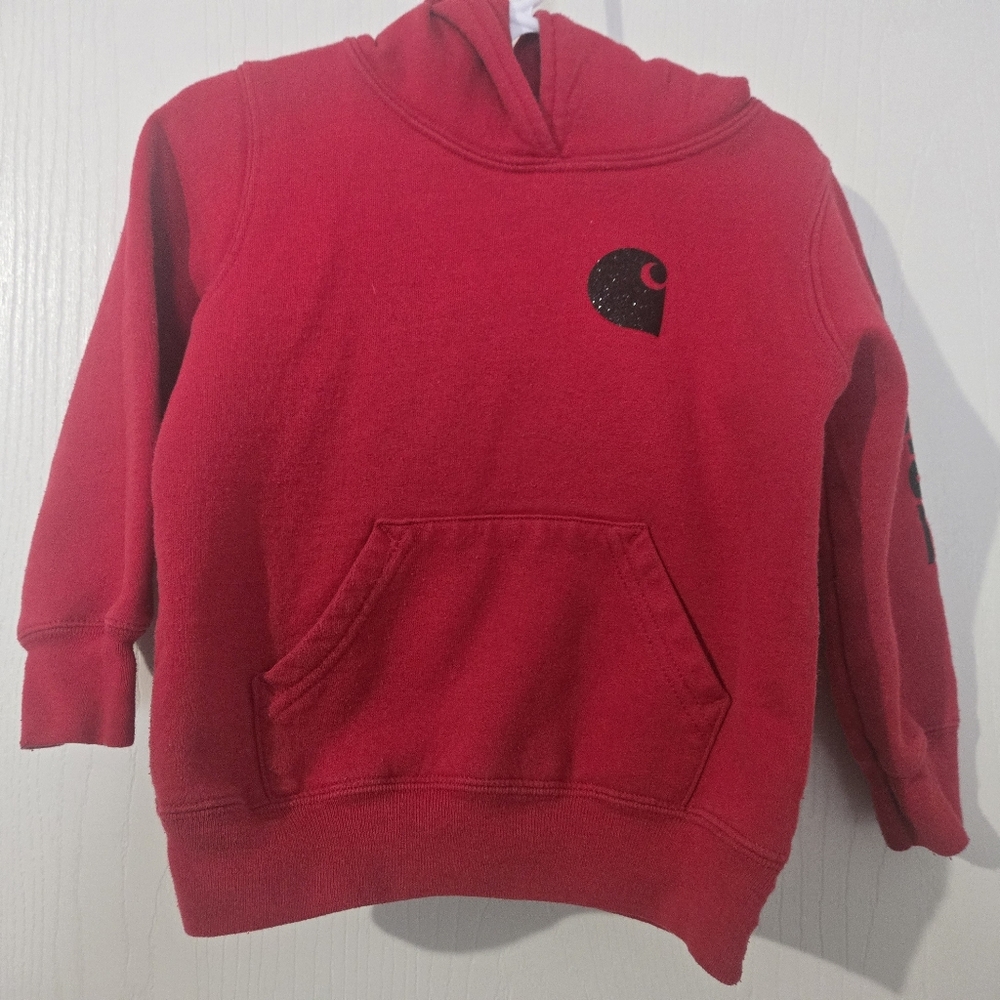 Carhartt Red Kids Hoodie, Glittery Logo And Glittery "Carhartt" Down Arm.